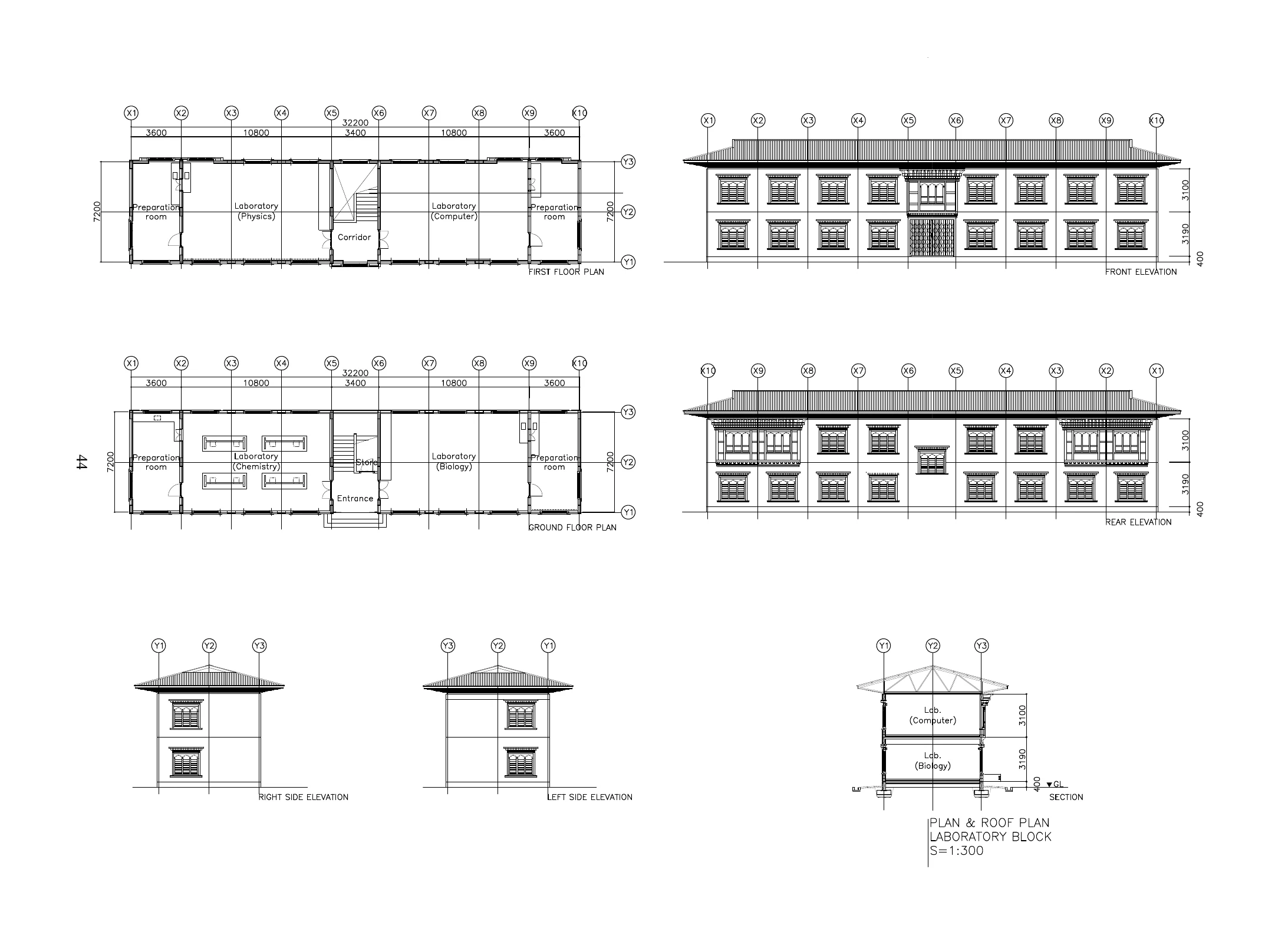 Concept architectural reference showing plans and elevations for a proposed laboratory block