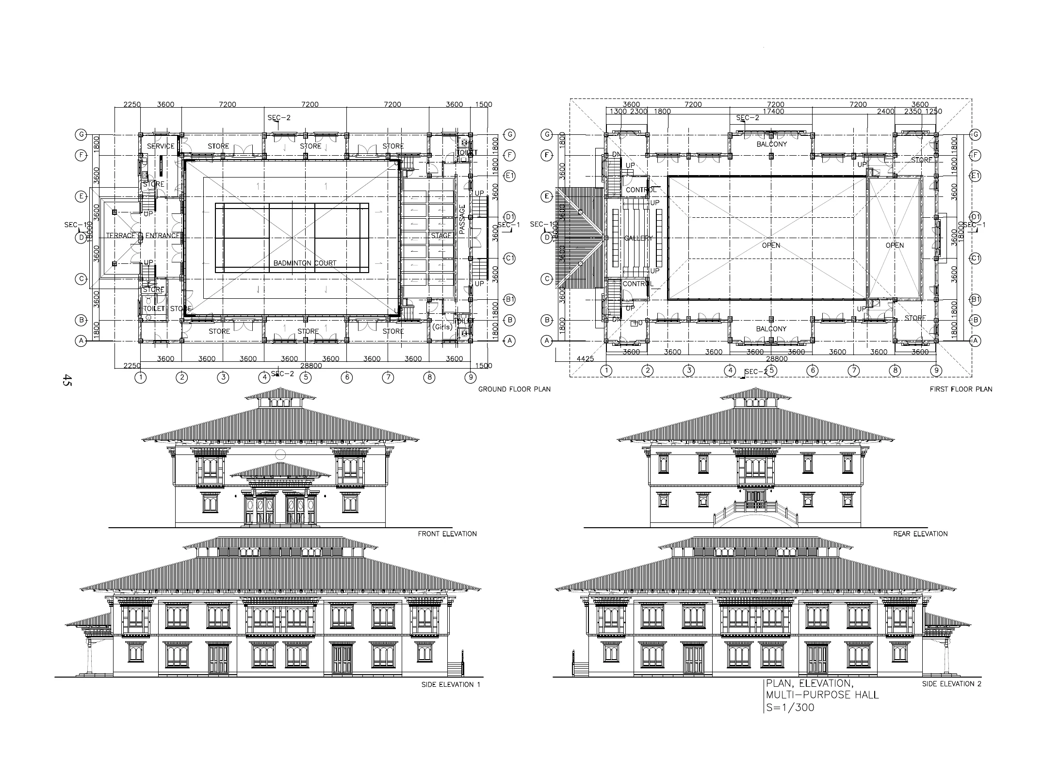 Concept architectural reference showing plans and elevations for a proposed multi-purpose hall